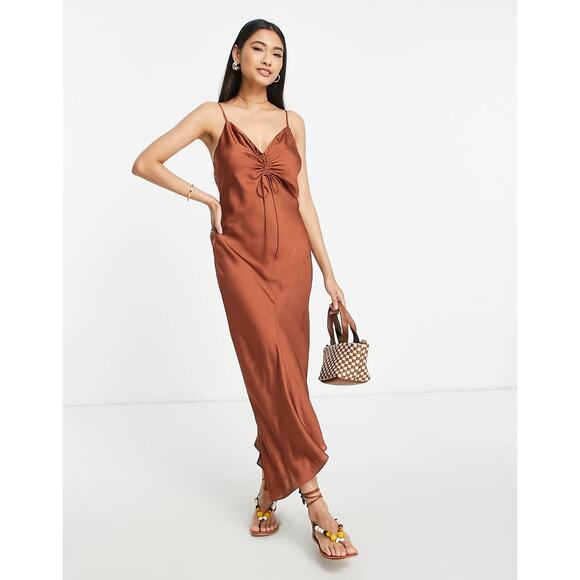 All Saints Dresses & Skirts - AllSaints Alexia ruched satin asymmetric midi dress in bronze Size 2 XS
